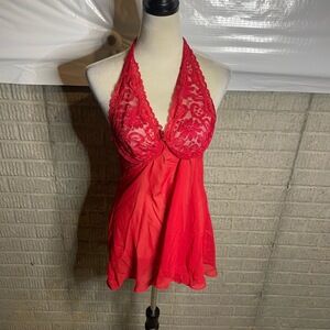 Seductive Wear by Cinema Etoile Red Sheer Lace Halter Babydoll‎ Lingerie  Large